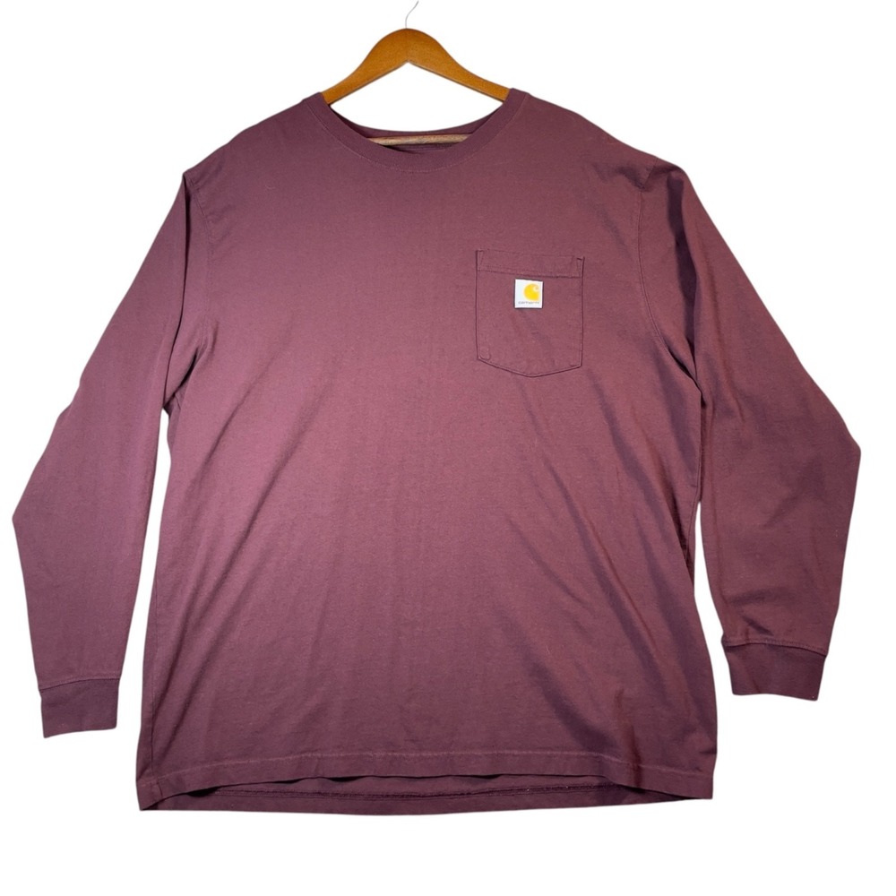 Carhartt Long Sleeve Pocket T Shirt Mens XL Loose Fit Burgundy Workwear Logo Tee